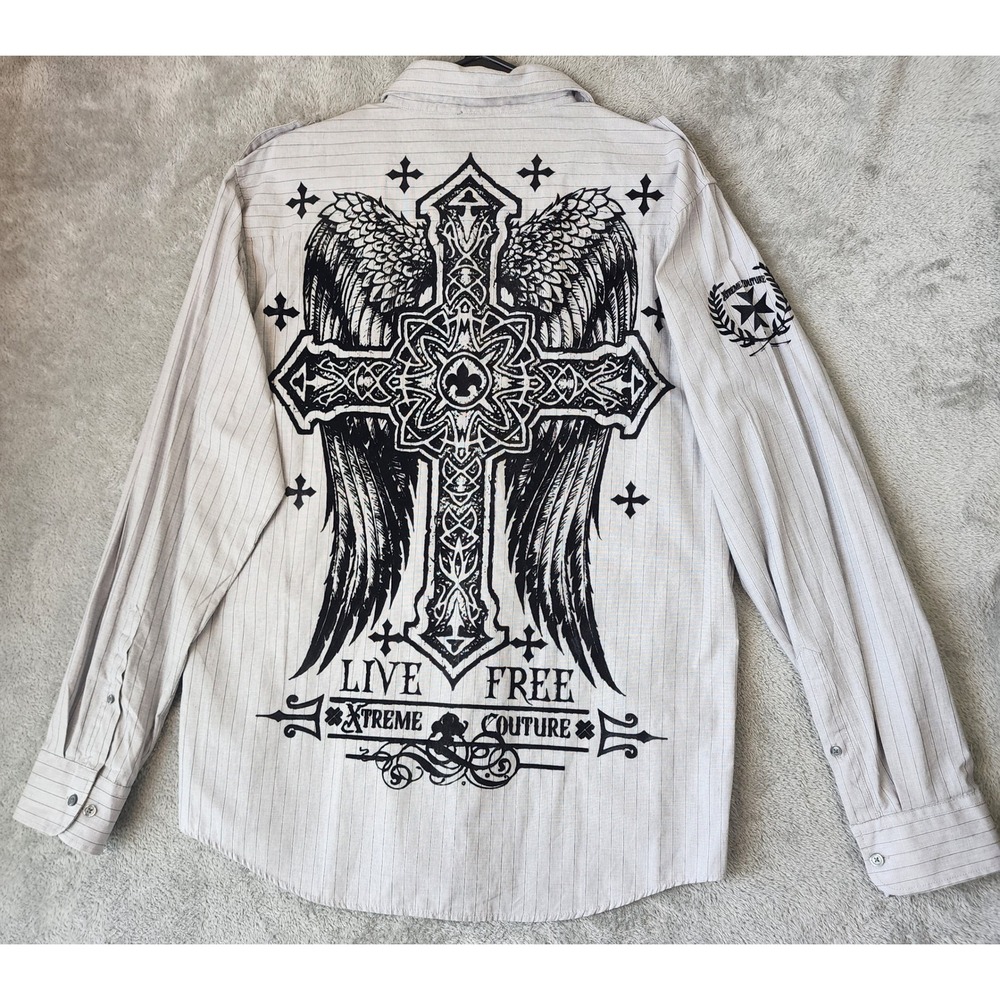 Xtreme Couture Shirt Mens Large Grey Pinstripe Winged Cross Graphic Button Down